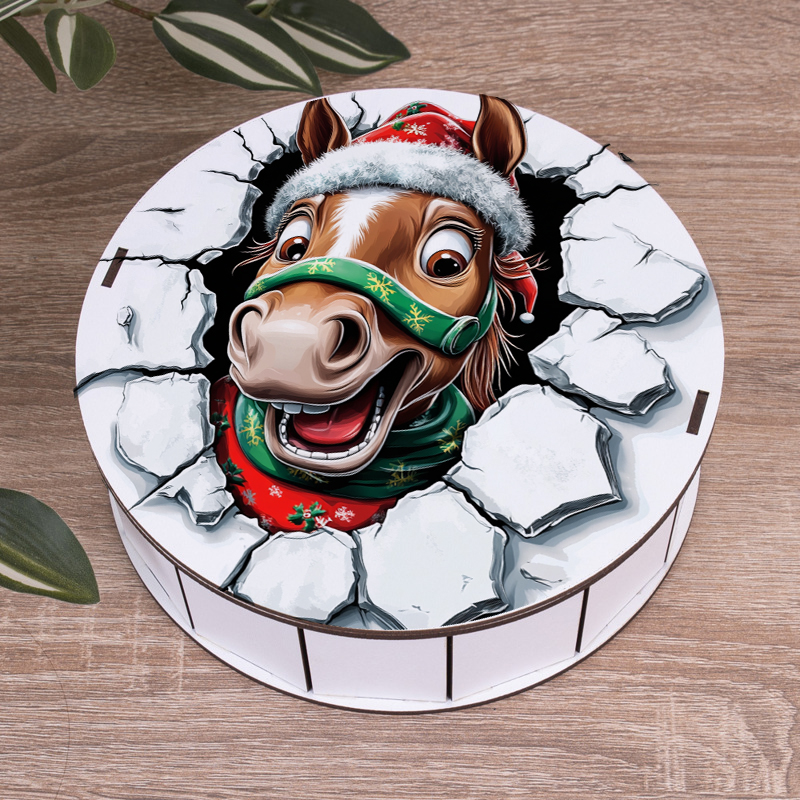 Коробка круглая 19,5 см новогодняя с конем